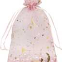 Jexila 100PCS Moon Star Organza Bags 5''X7'' Pink Mesh Gift Bags Drawstring Jewelry Makeup Bag Small for Wedding Party Favor Goodie Candy Bags