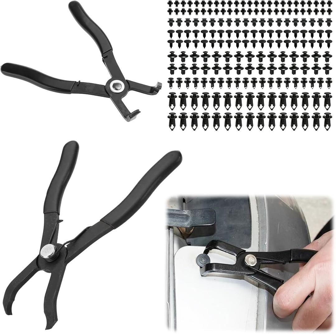 2-Piece Push Pin Pliers Set with 30 Degree and 80 Degree Offset Jaws & 190pcs Push-Type Retainer Clips,Auto Clip Removal Tool Kit for Easily Removing Trim Plastic Fasteners, Rivets, Clips