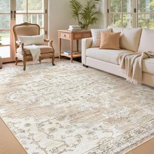 5x7 Area Rugs Washable Rug: Large Vintage Living Room Rug with Non-Slip Backing Low Pile Rugs Soft Indoor Floor Thin Carpet Non Shedding Neutral Carpets for Bedroom Dining Room Farmhouse Nursery Beige