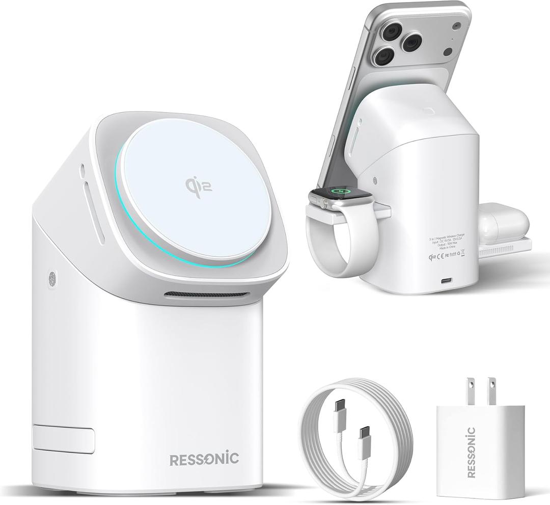 3 in 1 Wireless Charging Station for iPhone 17/16/15/14/13/12 Pro Max, Qi 2 Certified 15W Fast Magnetic Charger Stand for Magsafe Phone, AirPods, Smart Watch (White Color)