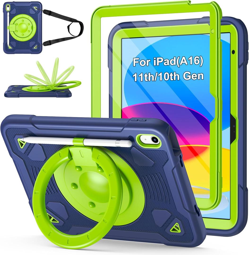 Hogenl for iPad A16 Case 11th Generation 11 inch 2025 /iPad 10th Generation Case 10.9 inch 2022, with 360° Rotating Stand & Screen Protector & Shoulder Strap/Pencil Holder Rugged Cover (Navy Green)