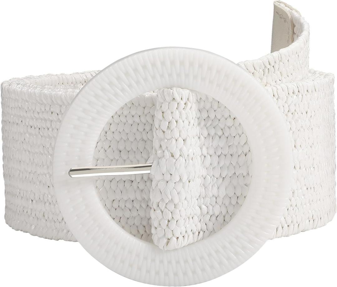 SUOSDEY Straw Woven stretchy Waist Belt for Women Dresses,Wide Boho Braided Elastic Belt with Round Buckle (L:fits waist from 37"-42", 04-white)