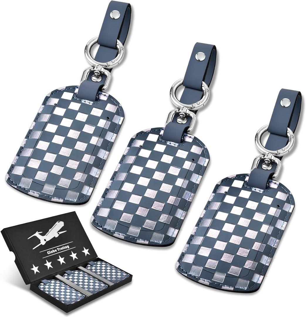 Luggage Tags for Suitcases Travel Accessories: Leather Luggage Tag 3 Pack TSA Approved, Airplane Travel Essentials for Men, Bag Tags for Luggage Long Flight Must Haves Travels Gifts Airport Essentials (Gray-blue+silver)