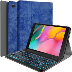 Galaxy Tab A 8.0 2019 Keyboard Case[Backlit,SM-T290,SM-T295], 7 Color Light Detachable Wireless Keyboard with PU Folio Stand Cover for Samsung Tab A 8.0 inch 2019 SM-T290/T295, Blue
