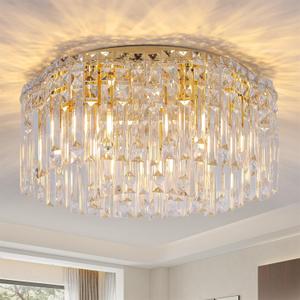 Flush Mount Crystal Chandelier, 18 inch Modern Crystal Ceiling Lights with Warm White Light Bulb (2700K), Flush Mount Small Gold Chandeliers Light Fixtures for Bedroom Living Room Hallway Entryway