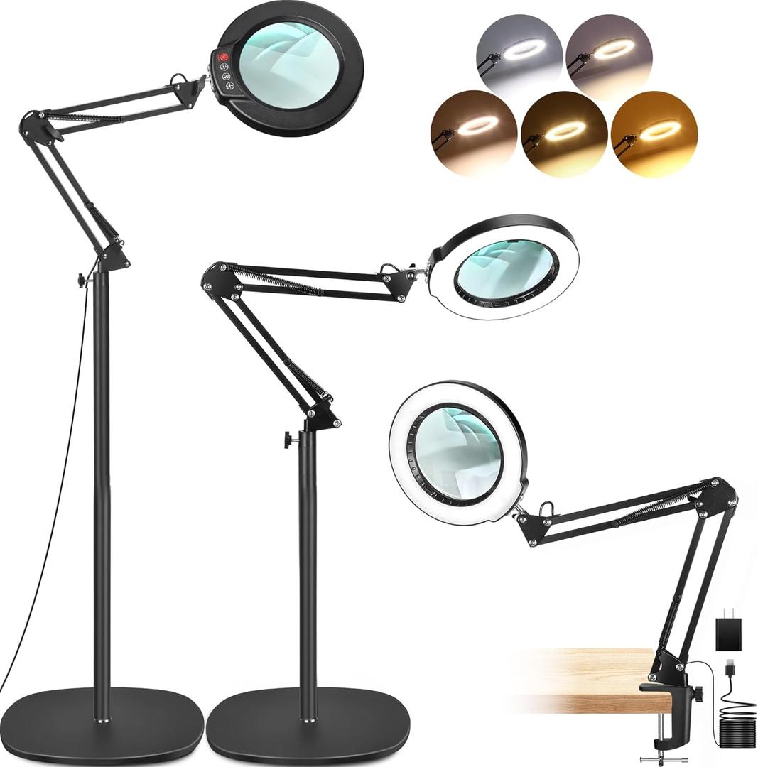 LANCOSC 10X Magnifying Glass with Light and Stand, 3-in-1 Adjustable Swing Floor Lamp, 5 Color Modes Stepless Dimmable, LED Lighted Hands Free Magnifier & Clamp for Reading, Crafts, Painting, Esthetic (Black)