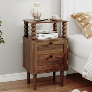 Veegle Nightstand,Modern Bedside Table with Storage Drawer and Open Wood Shelf, for Bedroom and Small Spaces,Night Stand with Solid Wood Legs (Walnut Brown)