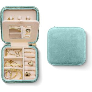 Benevolence LA Plush Velvet Jewelry Box | Travel Jewelry Case Organizer with Mirror | Featured in Oprah's Favorite Things | Best Gifts For Daughter, Girlfriend, Mom | Gifts For Her - Cyan