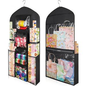 Hanging Gift Wrapping Paper Storage, 48x24 (Extra Large) Black Double-Sided Christmas Wrapper Bag Container, Oxford Long Craft Roll Organizer, Present Wrap Holder for Closet, Door