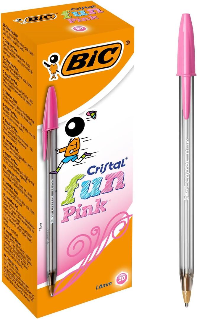 BIC Cristal Fun Ballpoint Pens, Pink Ink Smudge-Proof Writing Pens and Wide Point (1.6mm), Pack of 20