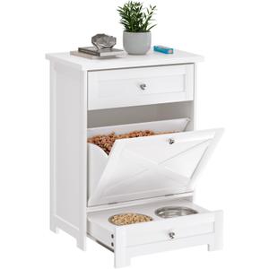 Dog Feeding Station with 2 Elevated Bowls,Hidden Pet Feeder Station with Tilt Out Dog Food Storage Cabinet,Dog & Cat Storage Organizer with Drawer,White
