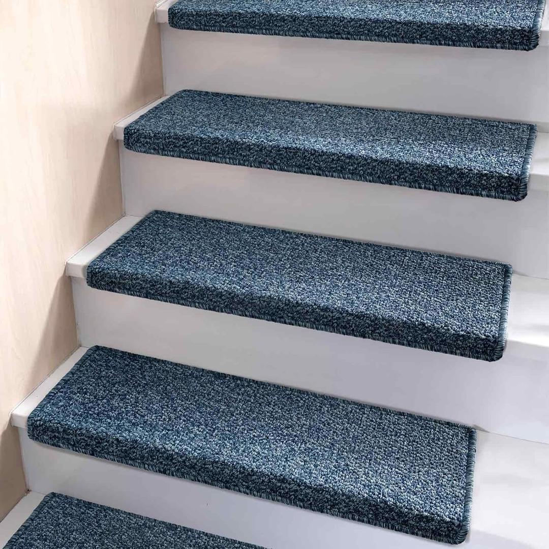 Bullnose Carpet Stair Treads, Non Slip Stair Treads for Wooden Steps Indoor, Stair Runner, Soft Stair Rugs for Pets, Edging Stair Protectors, Washable, 29.5"x9.5"x1.5" 2pcs, Blue
