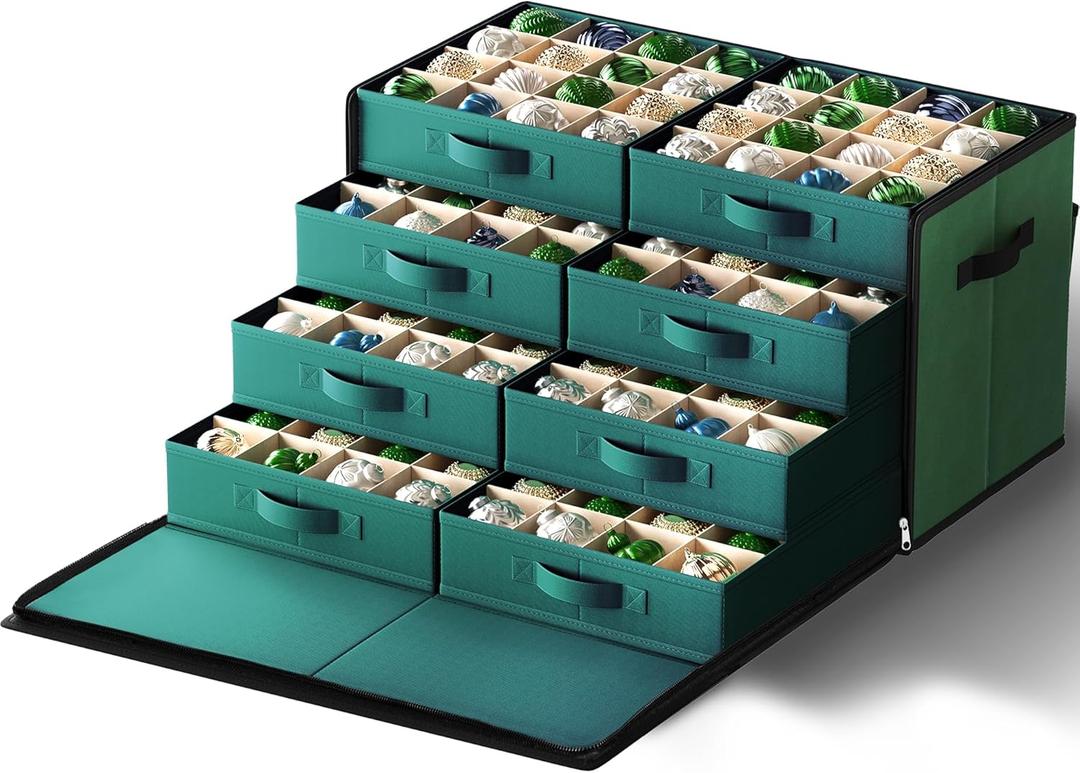 SONGMICS Large Christmas Ornament Storage Box, with Side Open, Stackable Christmas Storage Container with Lid, 8 Drawer Trays, 600D Oxford, 3-Inch 128 Slots, Forest Green URFB038C01