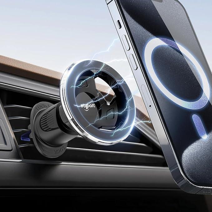 Magsafe Vent Mount [Horizontal/Vertical]: Ultra Strong Magnetic Car Phone Holder, Circle Magnet Air Vent Stand for Mag Safe Phone Grip, iPhone 16 15 14 Pro Max Samsung Cellphone Case, Ring Holder