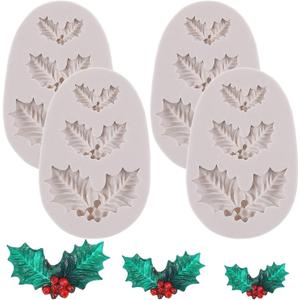 4 Pieces Christmas Holly Leaves Silicone Mold Leaf Shaped Fondant Mold Chocolate Dessert Molds for Baking Chocolate Candy Sugar Cake Decorations