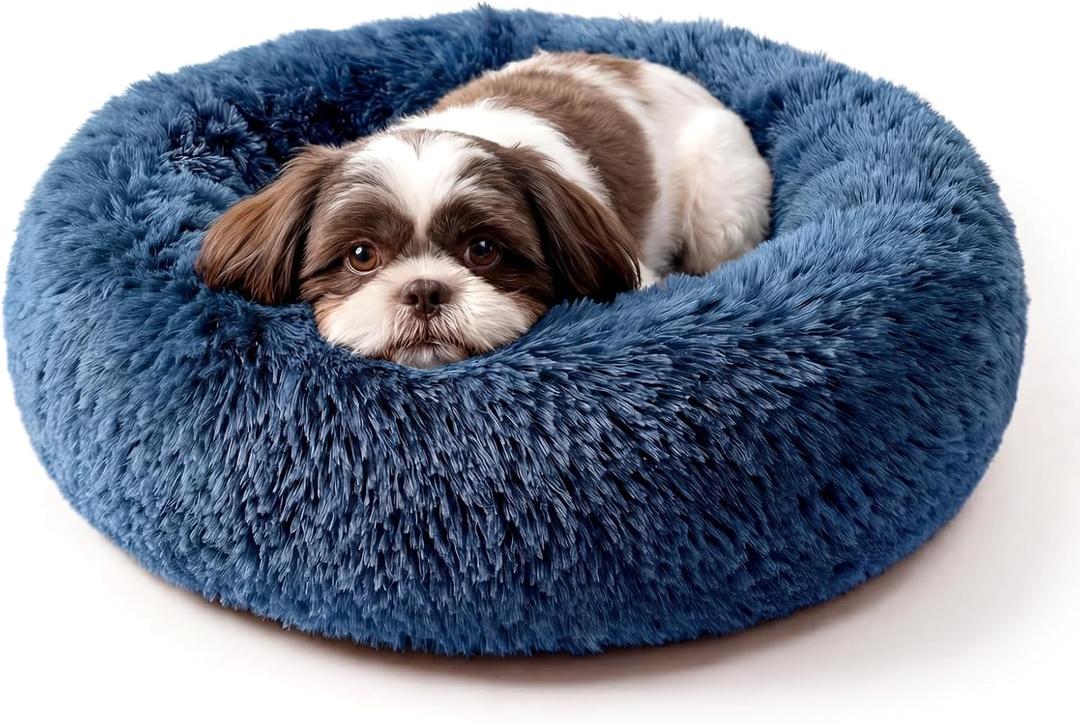 Calming Donut Dogs Beds for Small Dogs Washable,23inch Plush Round Pet Bed for Cozy Sleep,Fluffy Faux Fur Large Cat Bed,Fits up to 25 lbs Pets,Navy Blue