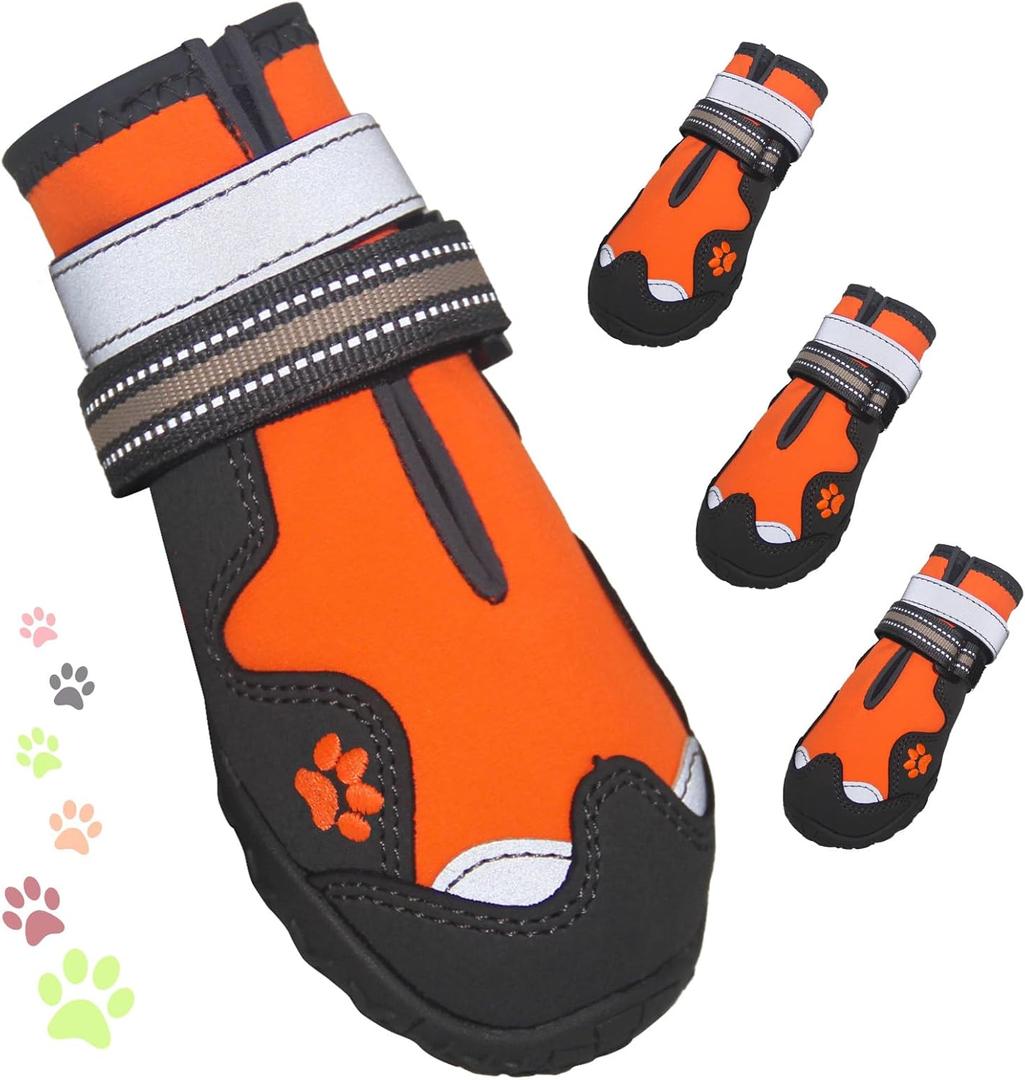 Dog Shoes for Large Dogs, 360Anti Slip Medium Dog Boots & Paw Protectors Winter Snowy, Waterproof 4Pcs Dog Booties with Reflective Strips (Size 1: 1.57''x2.09''(W*L), Orange)