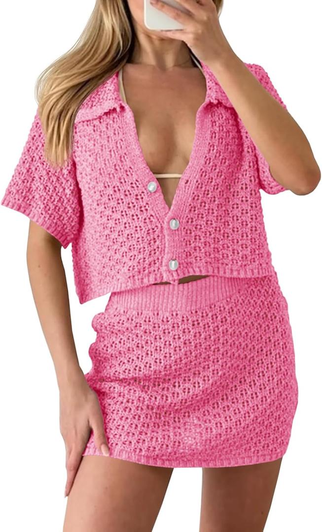 Saodimallsu Women 2 Piece Cover Up Set Crochet Beach Summer Knit Button Short Sleeve Crop Top Mini Skirt Sets (Small, Pink)