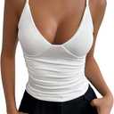 SHENHE Women's Deep V Neck Ruched Summer Spaghetti Strap Solid Fitted Camisole Tank Top (Large, White)