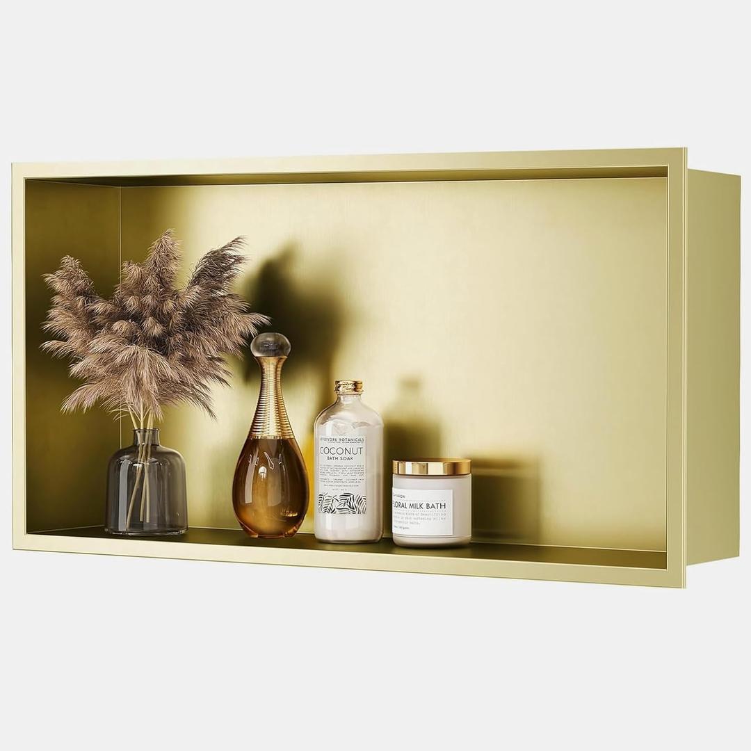 Neodrain Shower Niche, Insert Bathroom Storage Shower Shelf, Stainless Steel Recessed Wall Niche No Tiled Recessed Cabinet Waterproof for Shower Storage(Gold,24"x12")