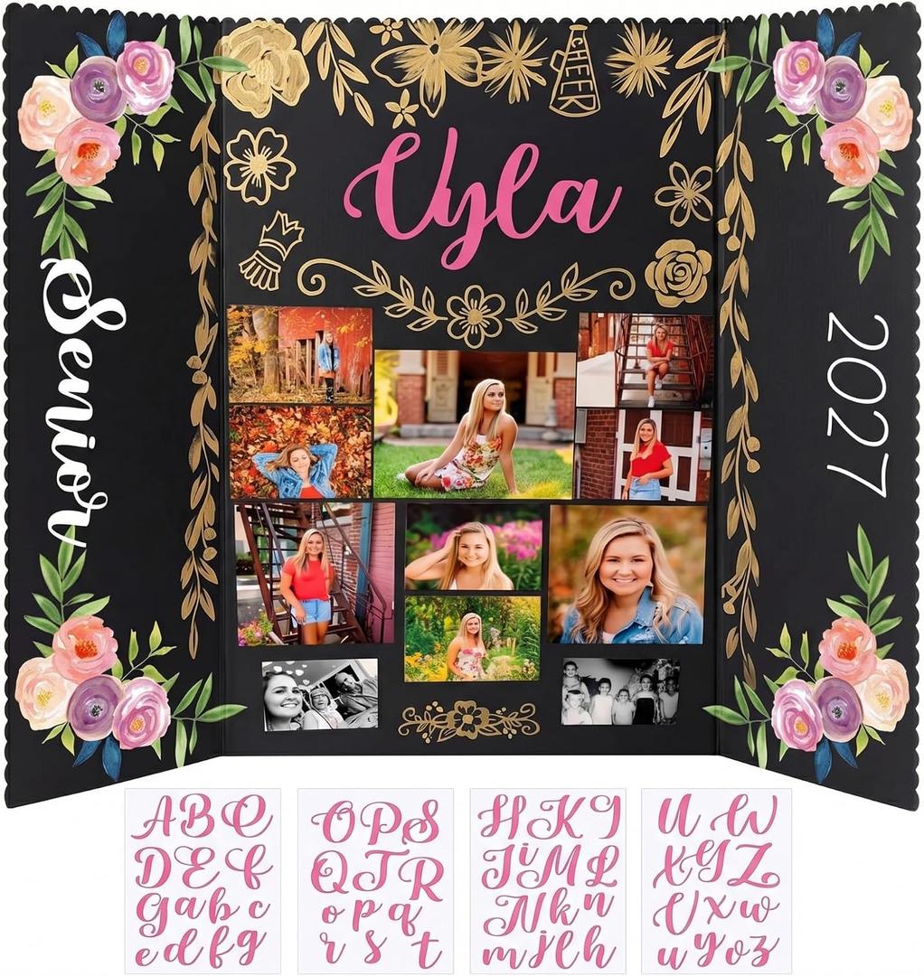 Mooliwe 2027 Senior Night Gifts 48 x 36 Inch Graduation Photo Trifold Display Boards Floral Picture Frame with Alphabet Stickers Picture Display Graduation Photo Frames Poster Boards