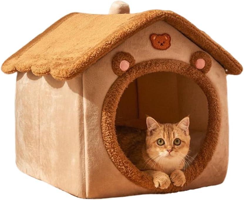 Cat Bed for Indoor Cats, Cozy Cave Bed Cat House Cats Tent with Removable Cushion Pillow, Soft Warm Pet House, Cute Bear Pet Nest for Kitten Small Dogs (Brown, M-18.1 x 14.57 x 15.75 Inches)