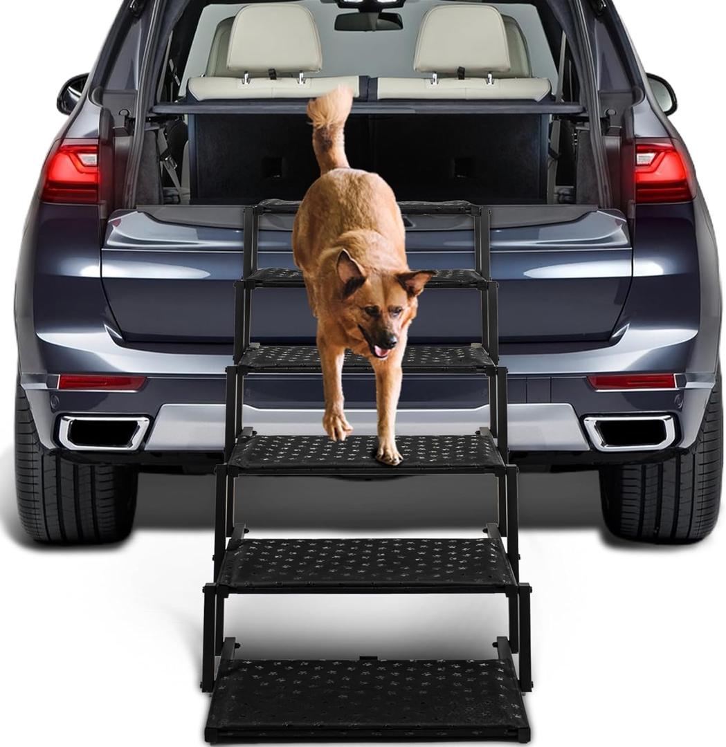 Extra Wide Dog Stairs for Car - Foldable Dog Ramps for Large Dogs with Non Slip Surface, Portable Dog Steps for Cars and SUV, Truck, Support Up to 250 Lbs (Black)
