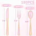 WDF 180 Pieces Pink Plastic Silverware with Gold -Pink Plastic Utensils Set - 60 Guest Cutlery Disposable for Birthday Party Baby Shower Wedding Spring