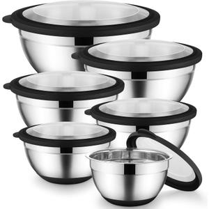 Mixing Bowls with Lids Set of 6 for Kitchen Stainless Steel Metal Nesting Bowls with Non-Slip Bottom Black - Size 1, 1.5, 2, 2.6, 3.5, 7QT