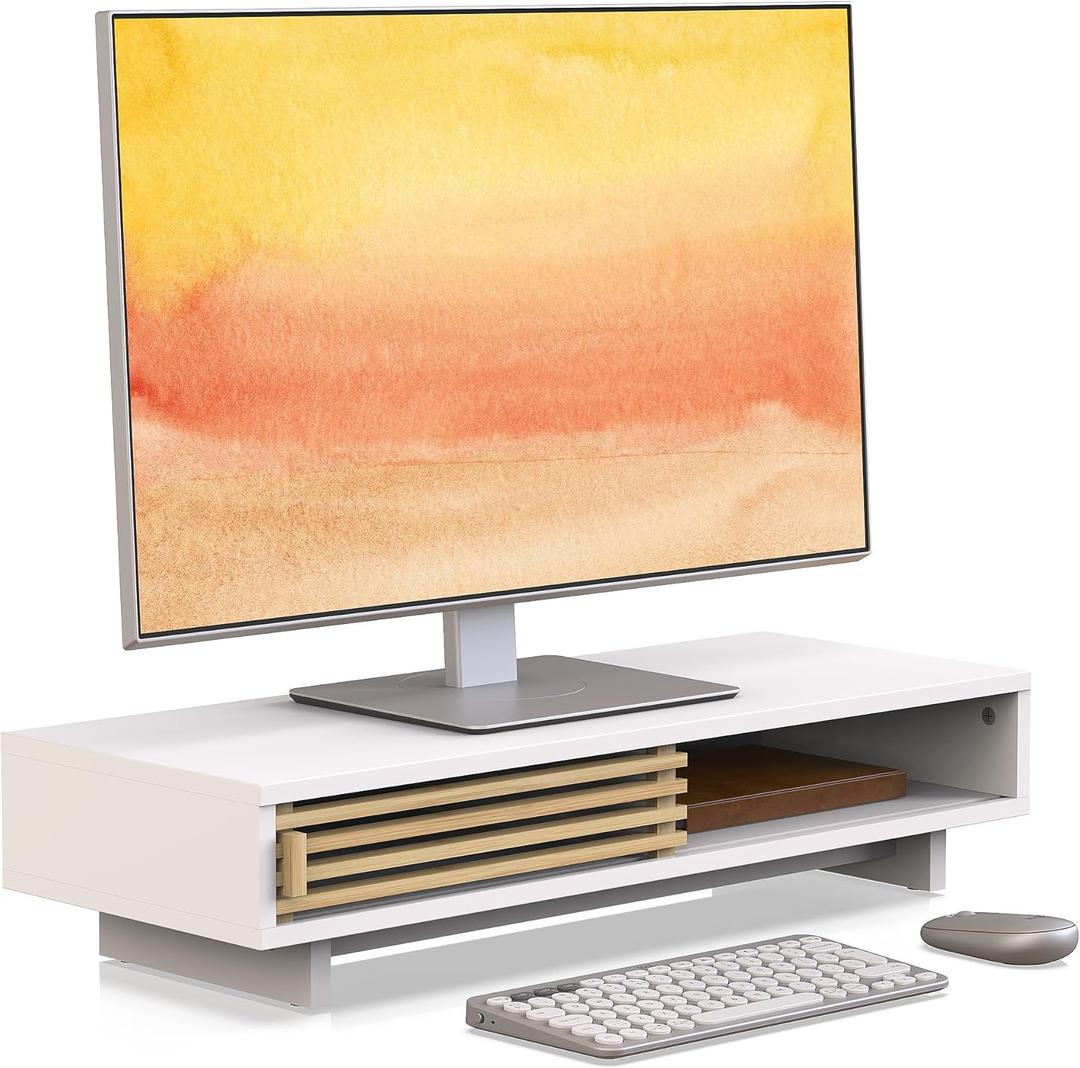 Monitor Stand with Sliding Bamboo Doors, 25 Inch Heavy Duty Wood Computer Monitor Riser, Ergonomic Desk Organizer with Storage & Keyboard Tray, Natural & white