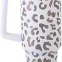 40oz Leopard Stainless Steel Tumbler with Handle, Leopard Tumbler with Straw Insulated Sports Travel Cup for Hot Cold Beverages Thermos Travel Coffee Mug (Leopard White)
