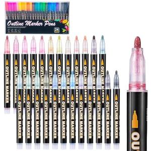 Mzh Art Double Line Metallic Markers set of 24 Colors Glitter Pen Paint Permanent Brush Pen Never Fade Quick Dry for Designing Photo Album, Guest Book, Scrapbook, DIY card, Glass, Rock 2Pack