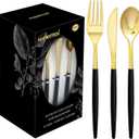 Supernal 102pcs Gold Plastic Silverware, Golden Cutlery with Black Handle, Disposable Flatware Collection, Includes 34 Plastic Forks and Spoons and Knives Ideal for Weddings, Parties, and Birthdays