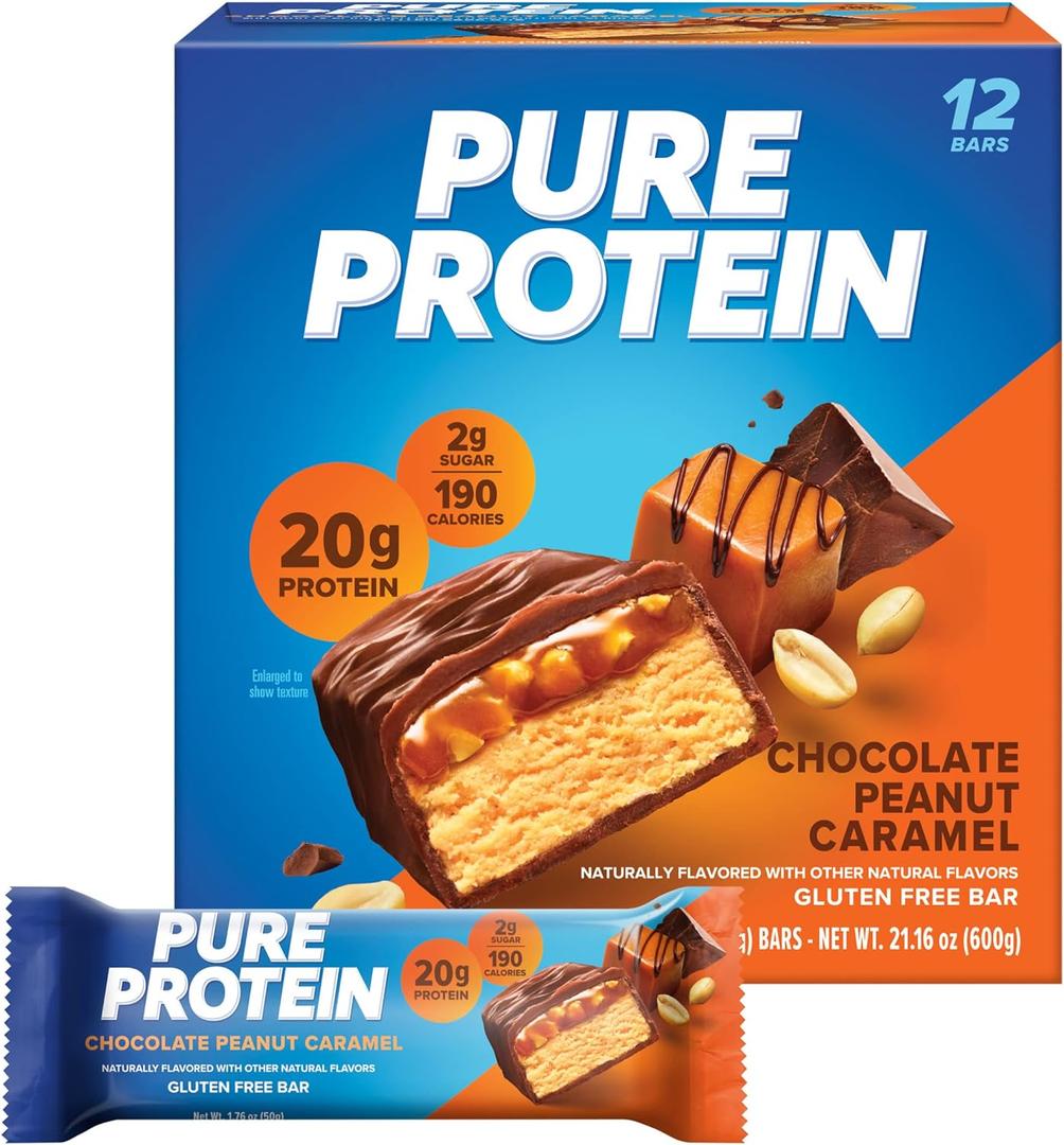 Pure Protein Bars, High Protein, Nutritious Snacks to Support Energy, Low Sugar, Gluten Free, Chocolate Peanut Caramel, 1.76oz, 12 Count (Pack of 1) (Packaging May Vary) (EXP 12/07/25)