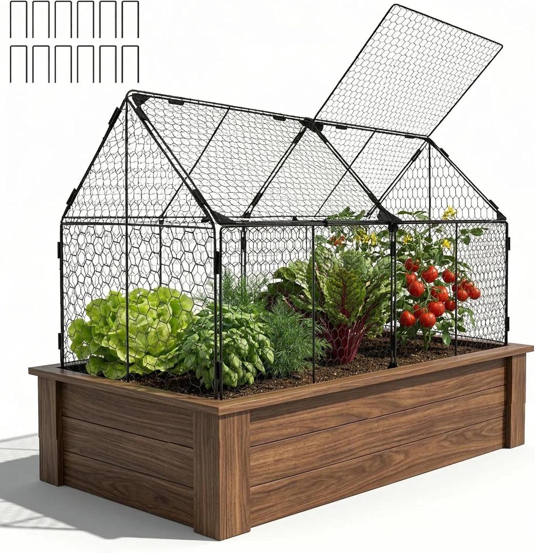 Decoroca 4x2ft Chicken Wire Plant Protectors - Crop Cage with Flip-Top&10 Ground Stakes, Outdoor Plant Protection Cage Keep Animals Out of Your Vegetable Garden - Suitable for 4x2ft Raised Garden Bed