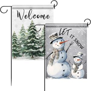 2 Pcs Winter Garden Flags for Outside, 12x18 Inch Double Sided Winter Yard Flags, Let It Snow Snowman and Welcome Christmas Tree Design, Small Holiday Garden Flag for Rustic Outdoor Decor