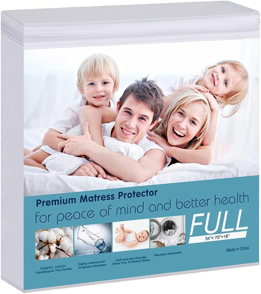 Waterproof Mattress Protector, Full Size Terry Cotton Mattress Pad Cover Breathable Deep Pocket Fitted Sheet Style 54"x75" +18 Inch Pocket
