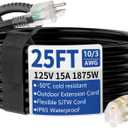 25ft Outdoor/Indoor Extension Cord with Lighted 10/3 Gauge Ultra 3 Prong Heavy Duty SJTW, Waterproof, Flexible Cold-Resistant,15A 125V 1875W, Black
