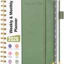 2026 Planner, Hardcover Leather Weekly and Monthly Planner, January 2026 - December 2026, Spiral Yearly Agenda Organizer Book 2026 with Tabs, Daily Calendar Planners for School Work Home, A5 (5.75" x 8.38"), Green