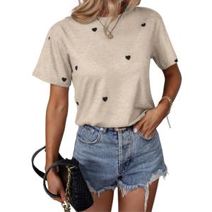 SOLY HUX Women's Heart Graphic Tees Cute Short Sleeve Shirts Crewneck Casual Summer Pullover Tops, Beige Heart, Small