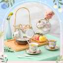 Zhehao 20 Pcs Porcelain Tea Set with Metal Holder and Spoon Adult Ceramic Tea Party Set European Flower Painting Teapot Cup Saucer Spoon Set for Women, Large Version(Minimalist Style)