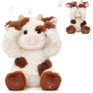 Hopearl Peek A Boo Cow Interactive Repeats What You Say Plush Diary Cattle Toy Musical Singing Talking Stuffed Animal Adorable Electric Animate Gift for Toddlers, Brown, 11''