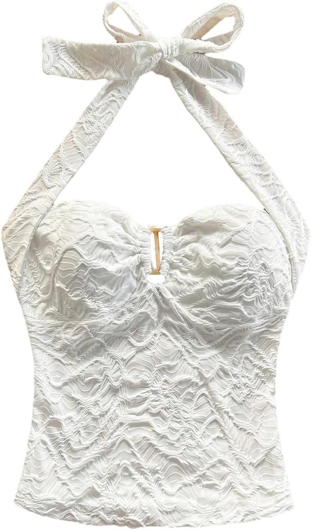 MakeMeChic Women's Halter Tops Sleeveless Backless Crop Summer Tank Tops (White, L)