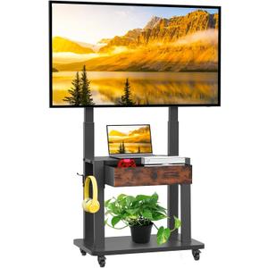 Rolling TV Stand with Fabric Drawer for 32-75 Inch Flat/Curved Screen Adjustable Height LCD/LED/OLED with Storage Mobile TV Cart on Wheels up to 220lbs for Home Office Outdoor Max VESA 600x400mm Black
