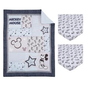 Disney Mickey Mouse Timeless Mickey Gray, White, & Blue Stars & Icons 3Piece Nursery Mini Crib Bedding Set - Comforter & Two Fitted Mini Crib Sheets, Navy, Grey, Black, White