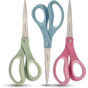 Fiskars 8 Comfort Grip Titanium Multipurpose Scissors with Ergonomic Handles for Everyday Cutting Tasks, Sharp Scissors for Home, Office, Crafts, Multicolor 3-Pack