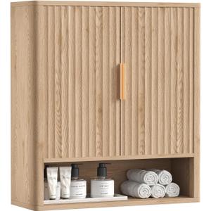 Rovaurx Fluted Medicine Cabinet with 2 Doors, Bathroom Wall Cabinet, Curved Profile Wall Mounted Cupboard with Adjustable Shelf, for Bathroom, Kitchen, Laundry Room, Natural