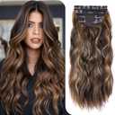 4PCS Clip in Hair Extensions for Women Dark Brown Highlighted Caramel Blonde 20 Inch Long Wavy Synthetic Hair Extensions Clip Ins Thick Natural & Soft for Daily Use
