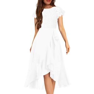 HOSIKA Girls Vintage Lace Chiffon Ruffle Sleeve A-Line Wedding Party Junior Bridesmaid Dress for Kids, White 12 Years