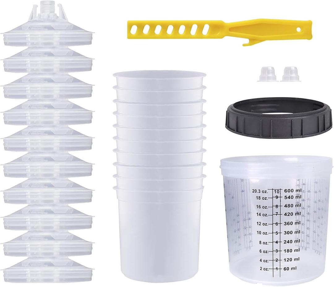 Disposable Paint Sprayer Mixing Cup for Automotive Paint Gun, HVLP Paint Spray Paint Gun 20 Ounce (600ml) Kit with 10 Cups and Lids System, 1 Hard Cup with Retainer Ring and 2 Plugs
